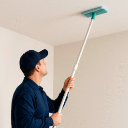 Technicien Lavage MD nettoyant un plafond blanc à la perche avec un chiffon microfibre dans une maison de Saint-Jean-sur-Richelieu sur la Rive-Sud de Montréal.Lavage de murs et plafonds à Saint-Jean-sur-Richelieu