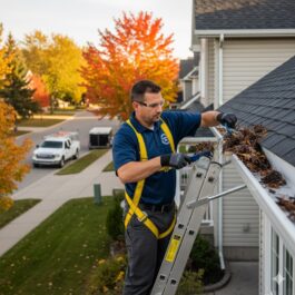 Nettoyage et réparation de gouttières résidentiel Brossard par l'équipe Lavage MD, utilisant des équipements sécuritaires.
