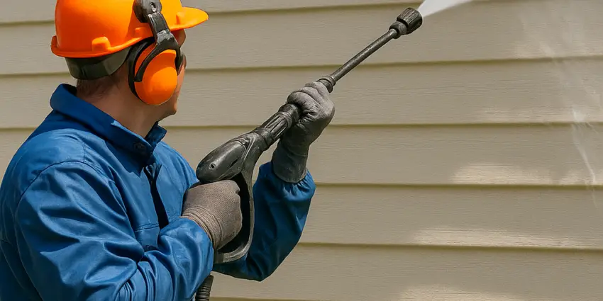 Nettoyage à basse pression (soft wash) du revêtement d'une maison pour éliminer la saleté et les algues par l'équipe de Lavage MD à Saint-Jean-sur-Richelieu. LAVAGE PRESSION REVÊTEMENT