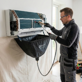 Nettoyage thermopompe saint-jean Technicien de Lavage MD nettoyant les serpentins d'une thermopompe murale avec un sac de récupération d'eau et un jet haute pression à Saint-Jean-sur-Richelieu.