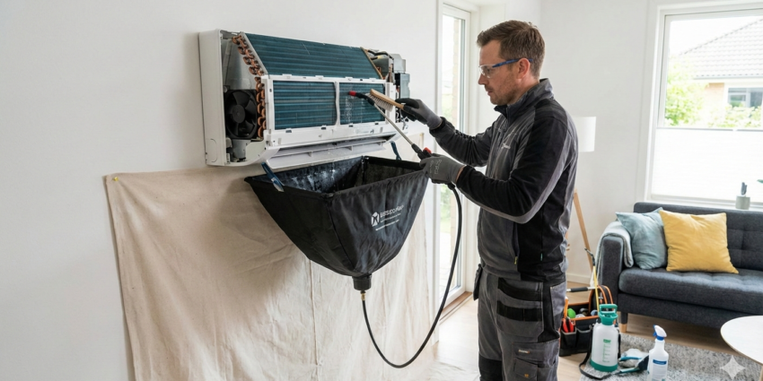 Nettoyage thermopompe saint-jean Technicien de Lavage MD nettoyant les serpentins d'une thermopompe murale avec un sac de récupération d'eau et un jet haute pression à Saint-Jean-sur-Richelieu.