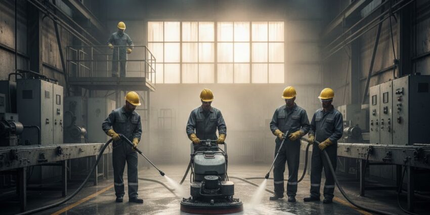 nettoyage commercial industriel Saint-Jean utilisant de l'équipement lourd dans une usine.