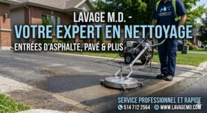 Nettoyage professionnel d'une entr&eacute;e en asphalte avec une laveuse &agrave; pression circulaire par l'&eacute;quipe de Lavage M.D. Lavage a pression entr&eacute; asphalte