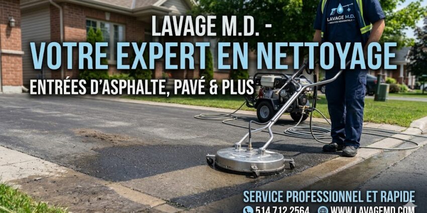 Nettoyage professionnel d'une entrée en asphalte avec une laveuse à pression circulaire par l'équipe de Lavage M.D. Lavage a pression entré asphalte