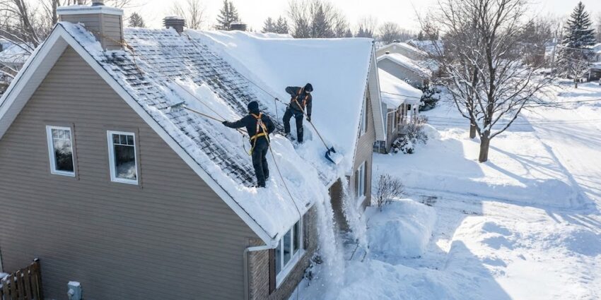 Déneigement Toiture Saint-Jean Technicien de Lavage MD effectuant le déneigement manuel d'une toiture en pente avec une pelle appropriée à Saint-Jean-sur-Richelieu.