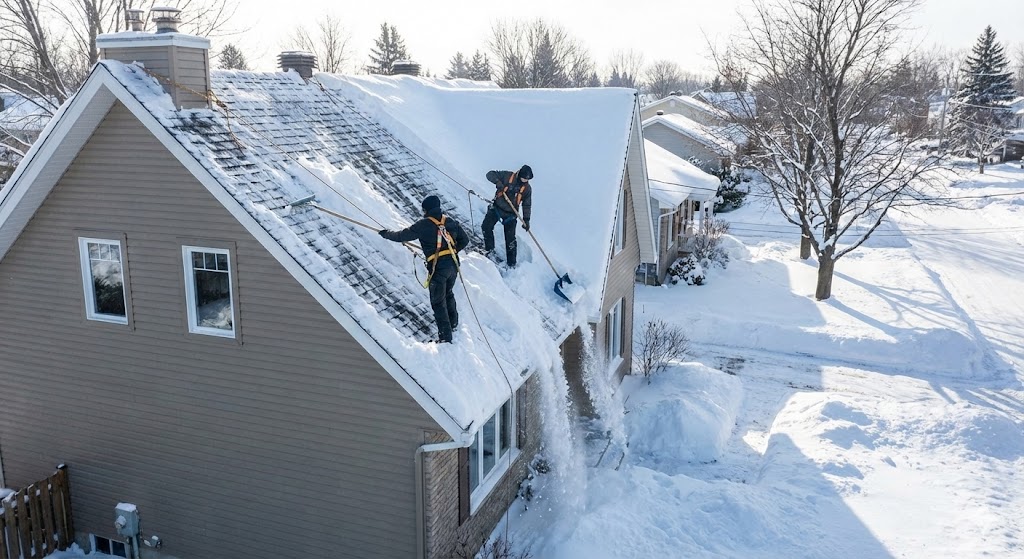 Déneigement Toiture Saint-Jean Technicien de Lavage MD effectuant le déneigement manuel d'une toiture en pente avec une pelle appropriée à Saint-Jean-sur-Richelieu.