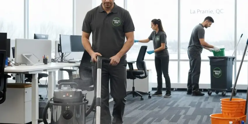 entretien ménager commercial la prairie Une équipe de Lavage MD effectuant le nettoyage et la désinfection de bureaux commerciaux modernes à La Prairie.