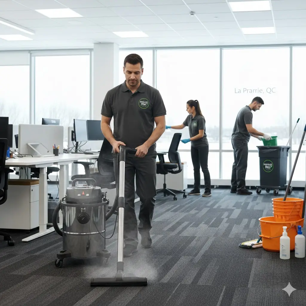 entretien m&eacute;nager commercial la prairie Une &eacute;quipe de Lavage MD effectuant le nettoyage et la d&eacute;sinfection de bureaux commerciaux modernes &agrave; La Prairie.