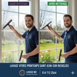 Lavage Vitres Printemps Saint-Jean , Une magnifique maison moderne avec de grandes baies vitr&eacute;es impeccablement propres, refl&eacute;tant le ciel bleu, entretenue par les experts de Lavage MD.