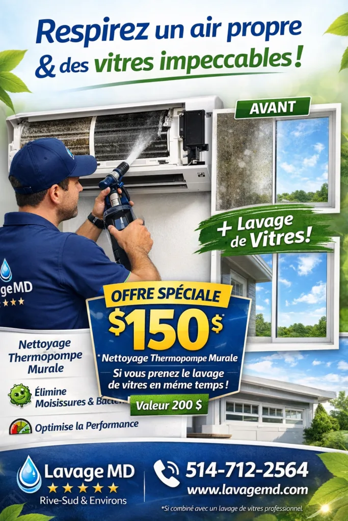 Nettoyage professionnel de thermopompe murale en promotion &agrave; 150$ avec offre sp&eacute;ciale combin&eacute;e lavage de vitres.