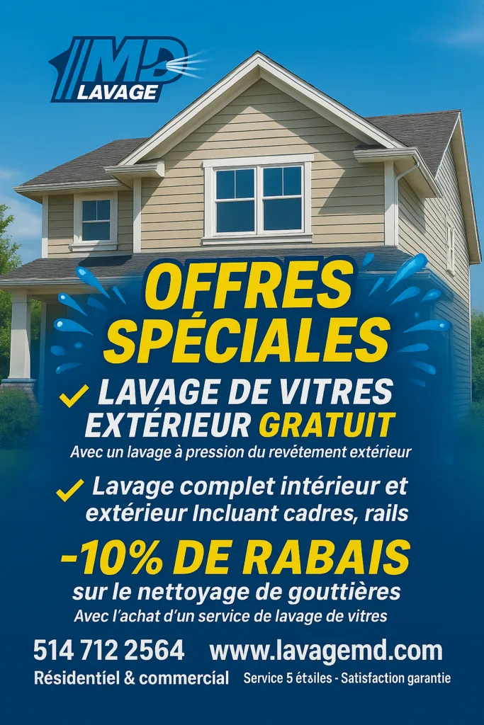 Lavage &agrave; pression du rev&ecirc;tement ext&eacute;rieur d&rsquo;une maison avec lavage de vitres ext&eacute;rieur gratuit inclus.