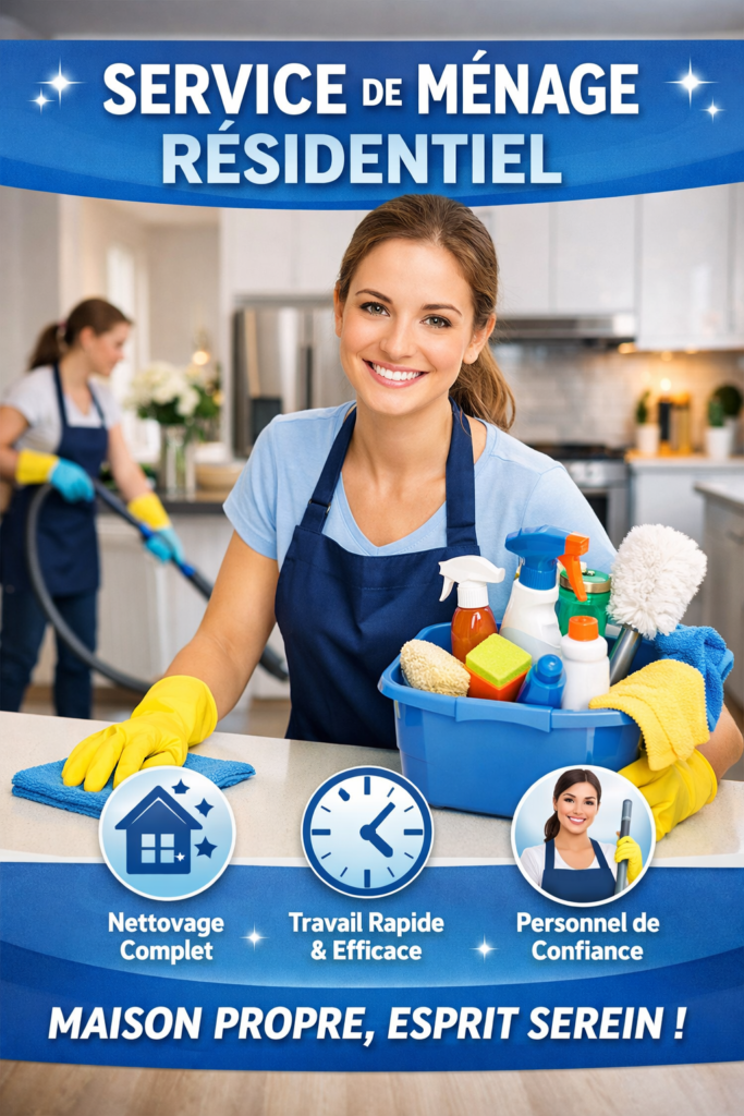 Service de m&eacute;nage r&eacute;sidentiel professionnel dans une cuisine moderne avec femme de m&eacute;nage souriante et &eacute;quipement complet.