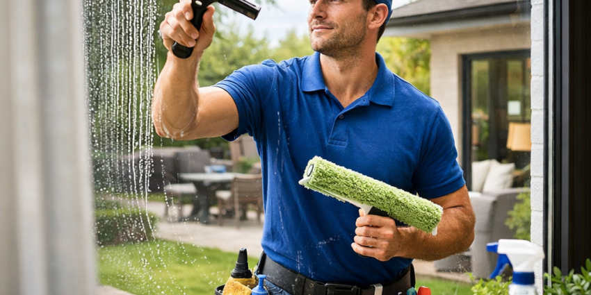 Technicien en nettoyage de vitres résidentiel nettoyant les fenêtres d’une maison sur la Rive-Sud