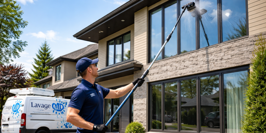 Nettoyage de vitres domicile sur maison résidentielle avec technicien professionnel utilisant une perche à eau pure