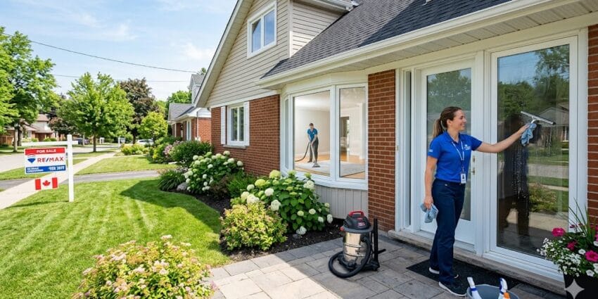 Technicienne qui lave les vitres extérieures d'une maison à vendre sur la Rive-Sud laver sa maison avant de la vendre