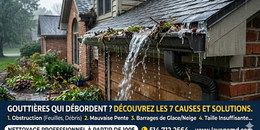 gouttieres qui debordent a cause de feuilles et debris - obstruction mauvaise pente barrages de glace - nettoyage professionnel Lavage MD Rive-Sud
