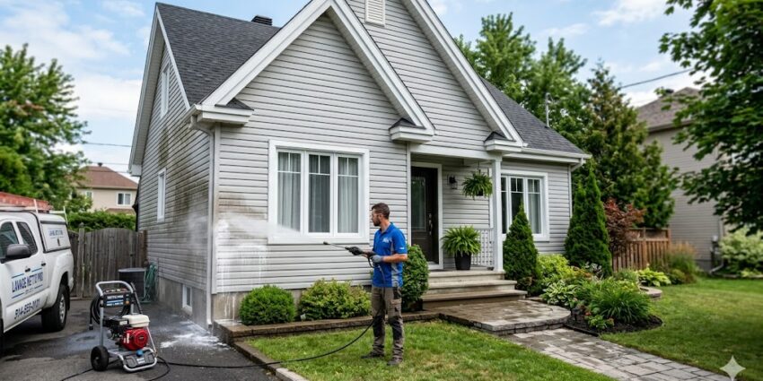 Un technicien professionnel effectue le lavage à pression du revêtement en clin d'une maison unifamiliale au Québec. Un camion de service et un nettoyeur haute pression commercial sont visibles. Demandez un devis pour connaître le prix d'un lavage à pression de maison.