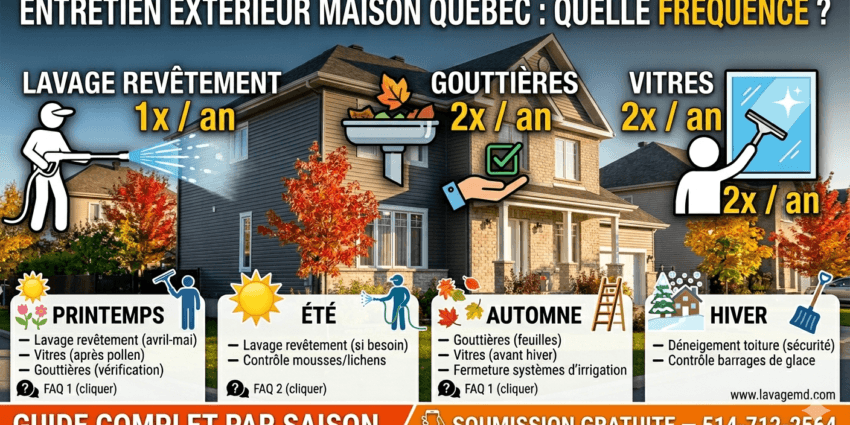entretien exterieur maison Quebec frequence par saison - lavage revetement 1x an gouttieres 2x an vitres 2x an - Lavage MD