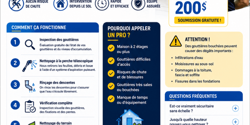 Nettoyage de gouttières en hauteur à la perche télescopique depuis le sol — maison 2 étages Rive-Sud
