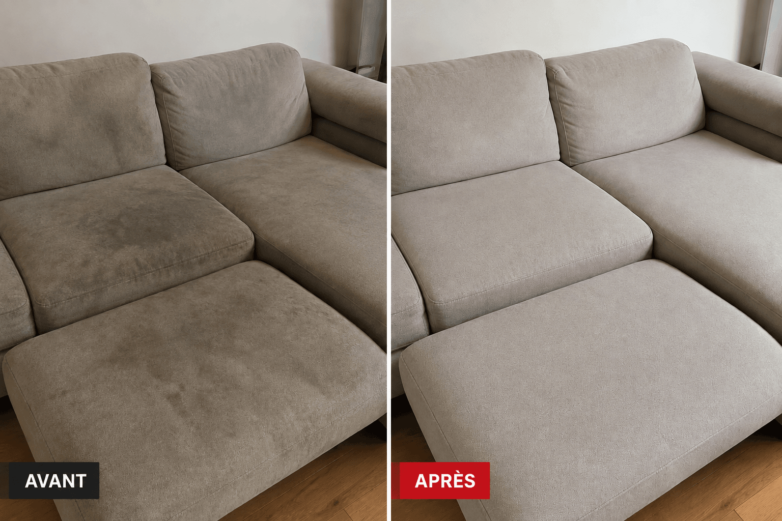Nettoyage de sofa avant et après à Saint-Jean-sur-Richelieu — extraction à chaud sur tissu rembourré