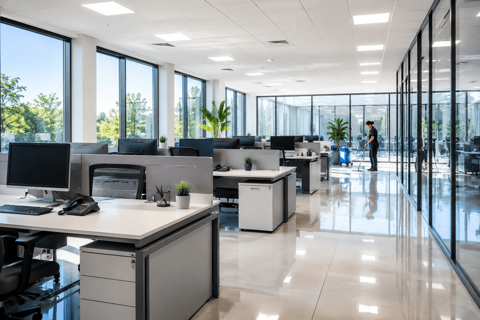 Nettoyage de bureaux à Saint-Jean-sur-Richelieu — espace de travail entretenu par notre service de conciergerie commerciale